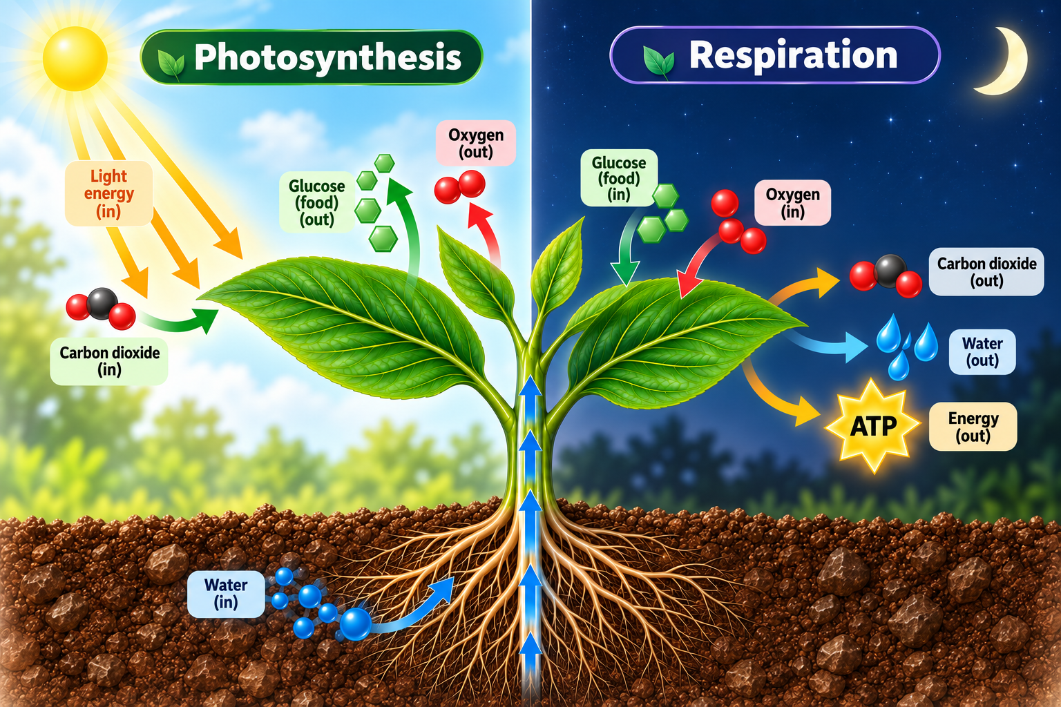 Diagram comparing photosynthesis and respiration. Photosynthesis uses light energy, carbon dioxide and water to make glucose and oxygen. Respiration uses glucose and oxygen, produces carbon dioxide and water, and releases energy for cells.